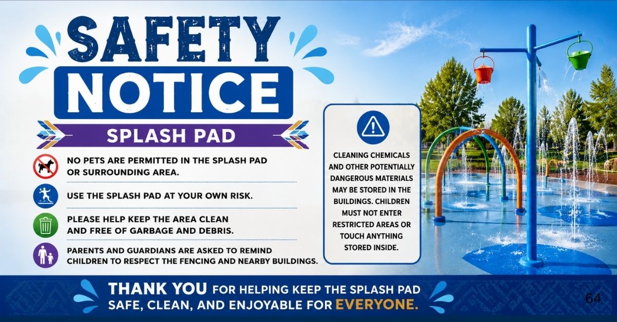 Safety notice graphic for the Brunswick House First Nation splash pad with water play equipment and safety reminders.